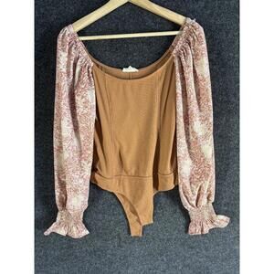 Promesa Bodysuit Women L Large Brown Geometric Long Sleeve Lined Round Neck